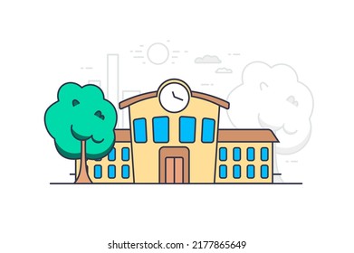 School Education concept in flat outline design. Vector illustration with colorful line web scene with school building facade on street cityscape. Pupils study at lessons. Students at university
