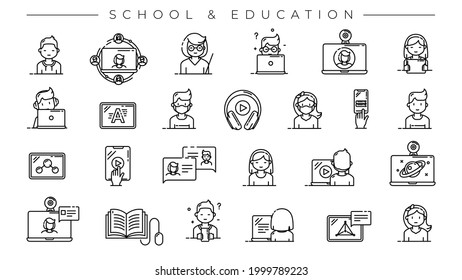 Conjunto de iconos vectoriales de línea de concepto de escuela y educación.