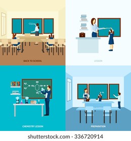 School education concept  set with  teacher  at  blackboard and children in class vector illustration