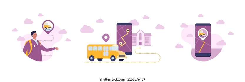 School education concept. Vector flat people illustration set. Yellow bus. Boy teenager in uniform character. City map on smartphone screen with route and map pin symbol.