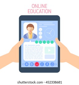 School and education concept. Vector flat illustration of pupil hands holding a tablet. A woman teacher gives a lesson on the computer screen. Element for e-learning, online education infographic.