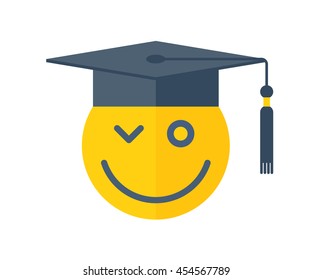 School and education concept. Vector flat illustration of emoji smile with graduation hat. Happy yellow emoticon and college cap with tassel. Element for web design and university infographic.