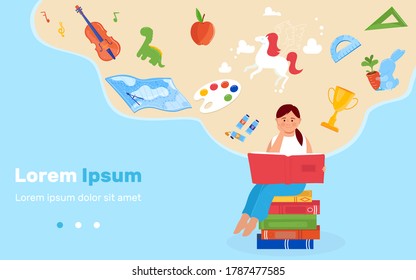 School education concept vector illustration. Cartoon flat girl child character sitting on paper books pile, reading open textbook with school knowledge, learning educational symbols design over head