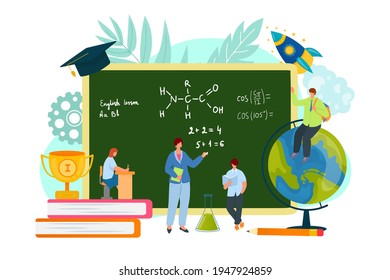 School education concept, vector illustration. Teacher, student person character get knowledge near huge chalkboard. Boy girl study science lesson
