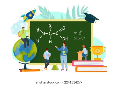 School education concept, vector illustration. Teacher, student person character get knowledge near huge chalkboard. Boy girl study science lesson
