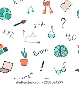 El concepto de educación escolar es un vector sin fisuras. De vuelta a la escuela. Fondo de escritorio. Ciencias, aprendizaje y elementos educativos. Utilícelo para el diseño web, como papel envoltorio, paquete, tarjeta, invitación, textil.