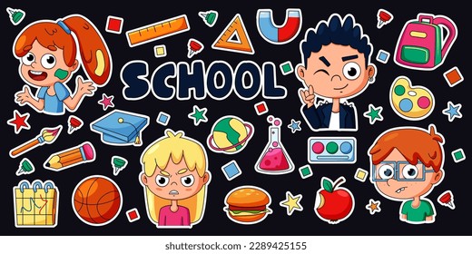 School education. Cute kid sticker badge. Office stationery. Backpack and apple. Science elements. Students learning. Study supplies. Children faces. Vector recent illustration set