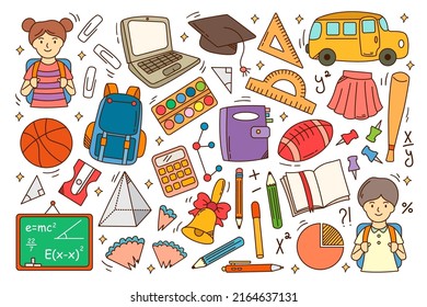 Colegio y educación adorables pegatinas. Conjunto de libros de texto, material de papelería, ciencias, clases de estudio, objetos de clase aislados. Ilustración vectorial de dibujos animados