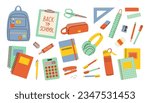 School and education cute stickers template set. Bundle of textbooks, stationery supply, objects. Scrapbooking elements.