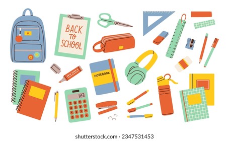 School and education cute stickers template set. Bundle of textbooks, stationery supply, objects. Scrapbooking elements.