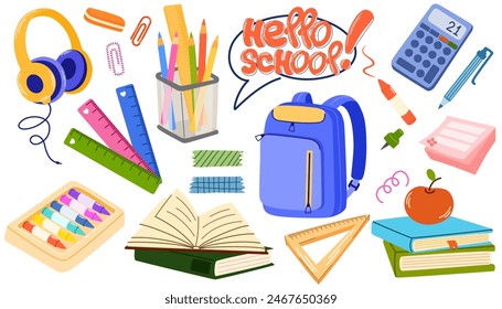 School and education cute stickers template set. Bundle of textbooks, stationery supply, objects. Scrapbooking elements.