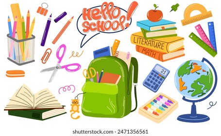 School and education cute stickers template set. Bundle of textbooks, stationery supply, objects. Scrapbooking elements.