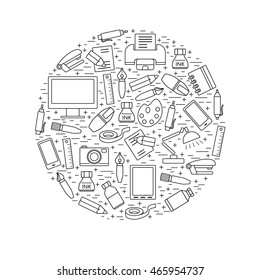 School and education design element arranged in a circle on white background. Stationery and various school supplies design element made in modern line style