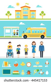 School Education Design Elements and Icons. Flat Vector Illustration