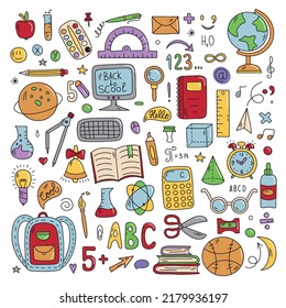 School and education doodle hand drawn vector symbols and objects. Colorful drawings for your design Teacher's Day