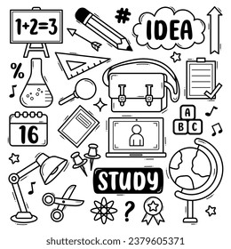 School and education doodle icons set. Vector illustration of school supplies