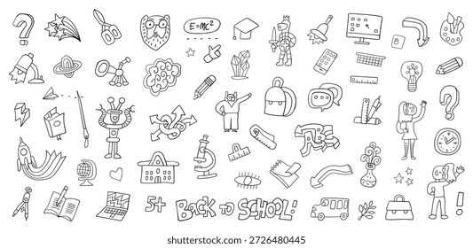 Conjunto de doodle de educación escolar, objetos dibujados a mano, signos y símbolos Vector Elementos de diseño