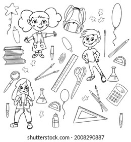 Dibujos dibujados a mano en escuelas y escuelas con símbolos y objetos. Concepto de educación. Niños alegres. Dibujo a mano libre de artículos escolares. De vuelta a la escuela. Ilustración vectorial. Establecer
