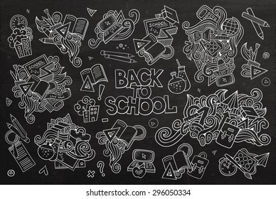 School and education doodles hand drawn vector chalkboard symbols and objects