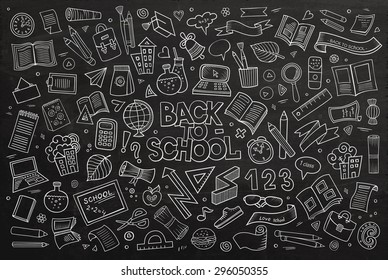 School and education doodles hand drawn vector chalkboard symbols and objects