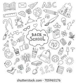 School and education doodles hand drawn vector symbols and objects. Silhouette drawing. Back to school lettering