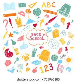 School and education doodles hand drawn vector symbols and objects. Back to school lettering