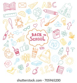 School and education doodles hand drawn vector symbols and objects. Silhouette drawing. Back to school lettering