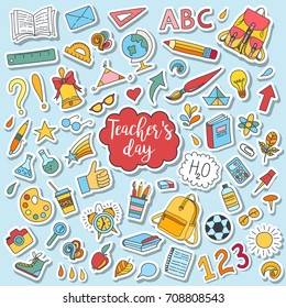 School and education doodles hand drawn vector symbols and objects. Colorful sticker style drawings. Teacher's day