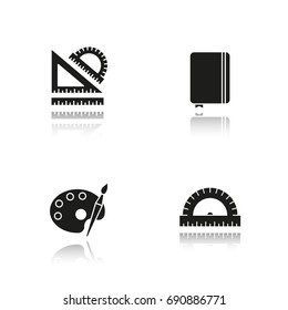 School and education drop shadow black glyph icons set. Stationery items. School rulers, diary notebook, palette with brush. Isolated vector illustrations