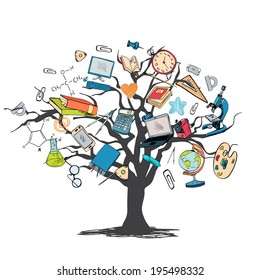 School education elements icons set in tree knowledge concept vector illustration