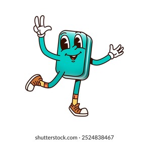 School education eraser groovy character. Isolated cartoon vector eraser tool with cheerful smile and peace gesture. School or office rubber, educational stationery retro personage evoking funky vibes