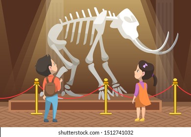 School education and excursions vector, boy and girl looking at skeleton of prehistoric creature remains. Exhibition in museum, history lessons, back to school concept. Flat cartoon