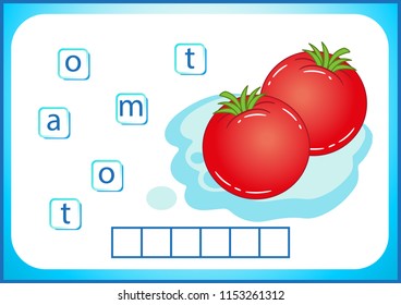 School education. flashcard for learning English. We write the names of vegetables and fruits. Words is a puzzle game for children. Worksheet, put the letters in the cell.
