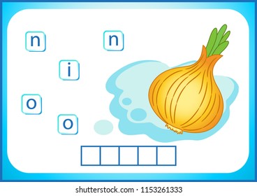 School education. flashcard for learning English. We write the names of vegetables and fruits. Words is a puzzle game for children. Worksheet, put the letters in the cell.