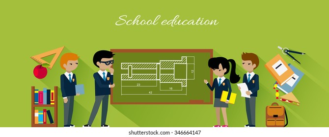 School education flat design concept. Education concept, university and education student school, science and book, knowledge and tutorial, learning and training, study information illustration