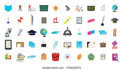 School and Education Flat Icon set with graduation cap, book, pencil, pen, eraser, blackboard