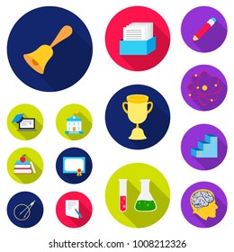 School and education flat icons in set collection for design.College, equipment and accessories vector symbol stock web illustration.