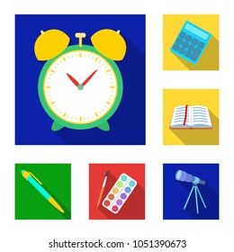 School and education flat icons in set collection for design.College, equipment and accessories vector symbol stock web illustration.