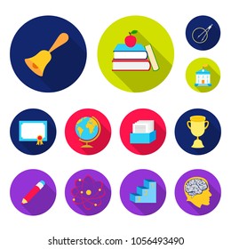 School and education flat icons in set collection for design.College, equipment and accessories vector symbol stock web illustration.