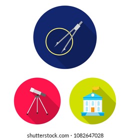 School and education flat icons in set collection for design.College, equipment and accessories vector symbol stock web illustration.