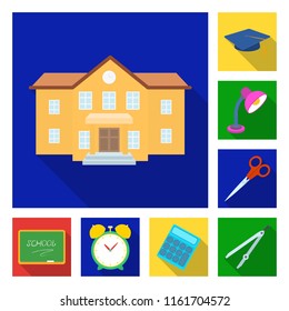 School and education flat icons in set collection for design.College, equipment and accessories vector symbol stock web illustration.