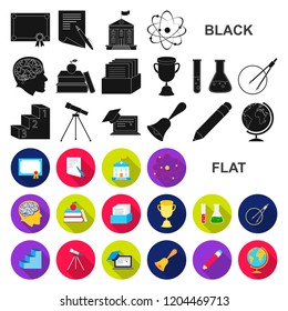 School and education flat icons in set collection for design.College, equipment and accessories vector symbol stock web illustration.