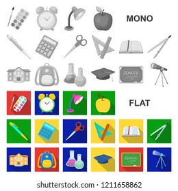 School and education flat icons in set collection for design.College, equipment and accessories vector symbol stock web illustration.