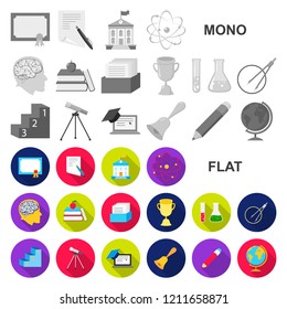 School and education flat icons in set collection for design.College, equipment and accessories vector symbol stock web illustration.