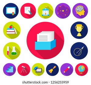 School and education flat icons in set collection for design.College, equipment and accessories vector symbol stock web illustration.