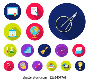 School and education flat icons in set collection for design.College, equipment and accessories vector symbol stock web illustration.