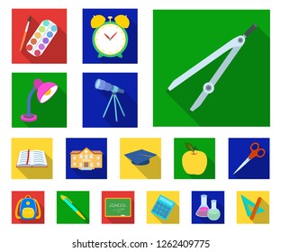 School and education flat icons in set collection for design.College, equipment and accessories vector symbol stock web illustration.