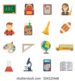 School education flat icons set with chalkboard backpack and textbook isolated vector illustration