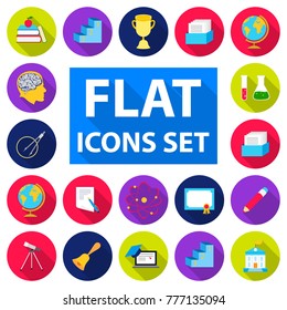 School and education flat icons in set collection for design.College, equipment and accessories vector symbol stock web illustration.
