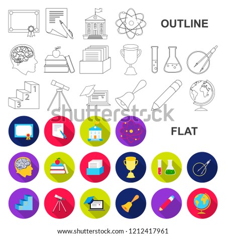 School and education flat icons in set collection for design.College, equipment and accessories vector symbol stock web illustration.